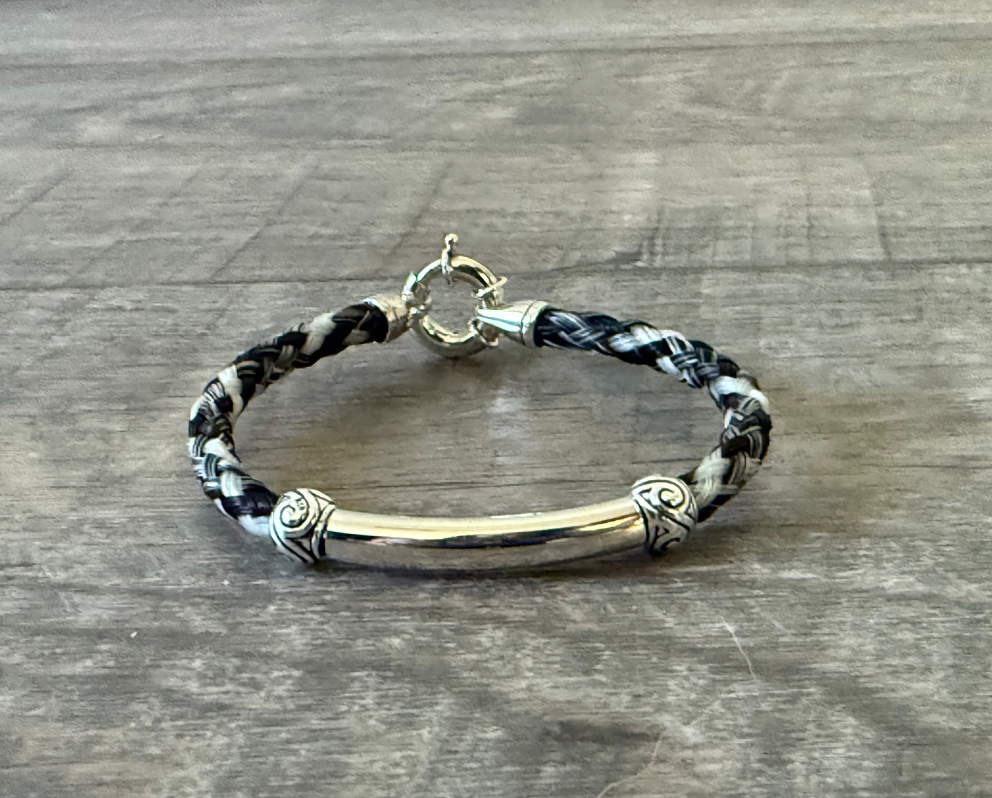 Round Braid Bracelet with Smooth Silver Tube and Spacer Beads