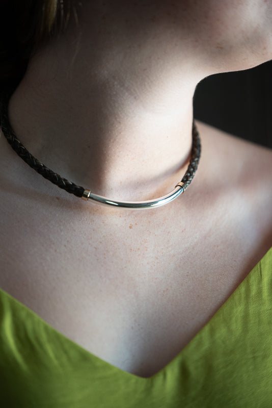 Round Braid Necklace with Sterling Silver Tubing and 14k Gold Ends