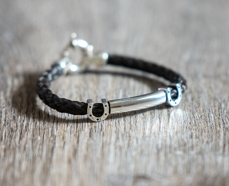 Round Braid Bracelet with Smooth Silver Tube and Horseshoe Beads